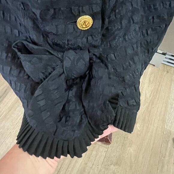 Albert Nipon Vintage Black Silk Dress 4 Pleated Trim Gold Button Back Shoulder - Picture 6 of 7